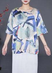 Blue Print Silk Shirt Tops Oversized Chinese Button Summer