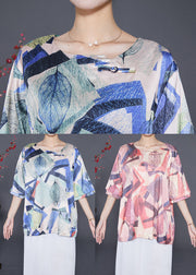 Blue Print Silk Shirt Tops Oversized Chinese Button Summer