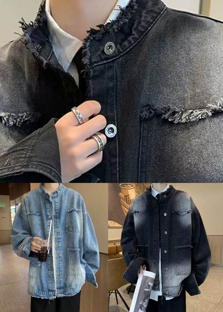 Blue Raw Edge Pockets Denim Mens Coats Stand Collar Spring