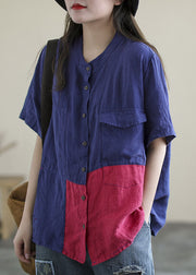 Blue Red Colorblock Linen Shirt Top Patchwork Big Pockets Short Sleeve