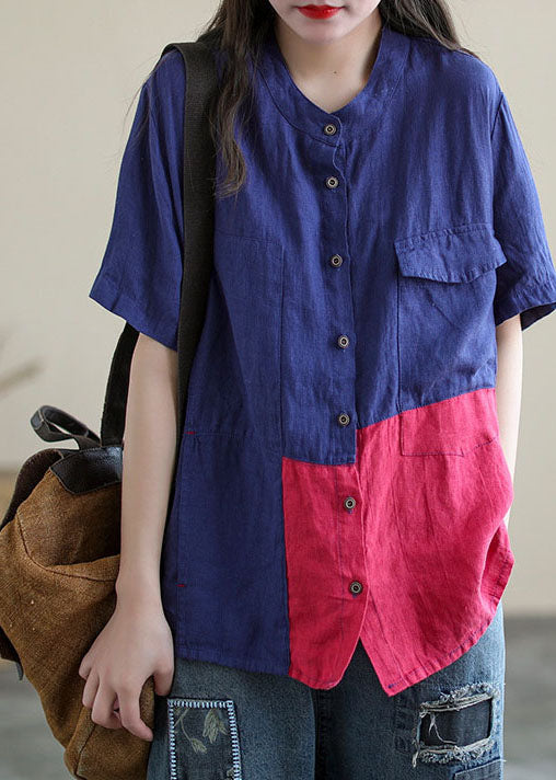 Blue Red Colorblock Linen Shirt Top Patchwork Big Pockets Short Sleeve