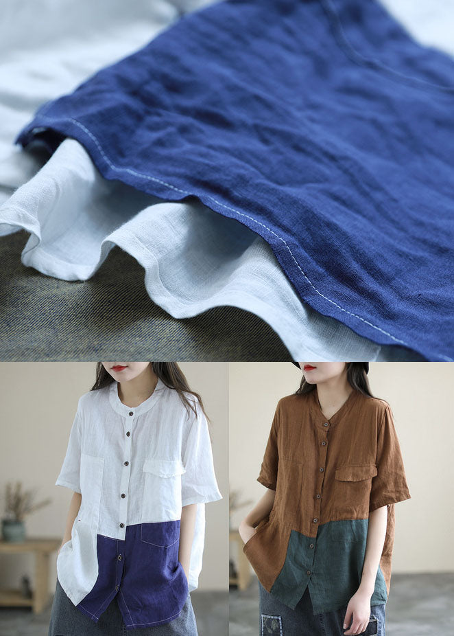 Blue Red Colorblock Linen Shirt Top Patchwork Big Pockets Short Sleeve