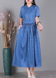 Blue Ruffled Tie Waist Silk Long Dress Short Sleeve