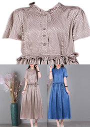 Blue Ruffled Tie Waist Silk Long Dress Short Sleeve