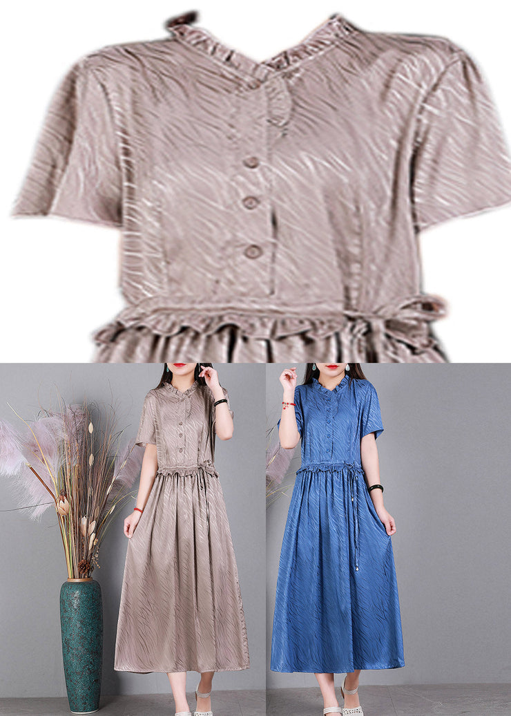 Blue Ruffled Tie Waist Silk Long Dress Short Sleeve