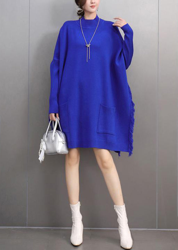 Blue Side Open Cotton Knit Sweater Batwing Sleeve