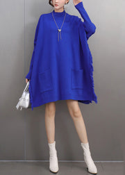 Blue Side Open Cotton Knit Sweater Batwing Sleeve