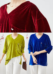 Blue Silk Velour Shirt Tops V Neck Pocket Fall