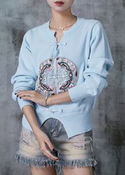 Blue Silm Fit Knit Tops Embroidered Side Open Spring