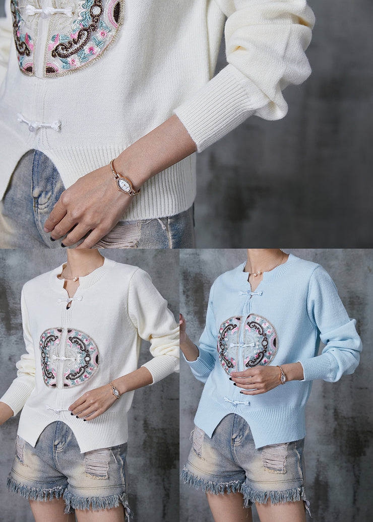 Blue Silm Fit Knit Tops Embroidered Side Open Spring