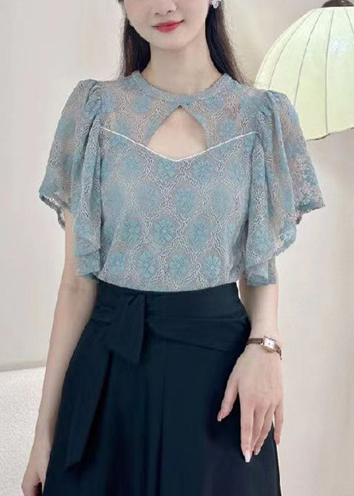 Blue Solid Button Blouses O-Neck Short Sleeve