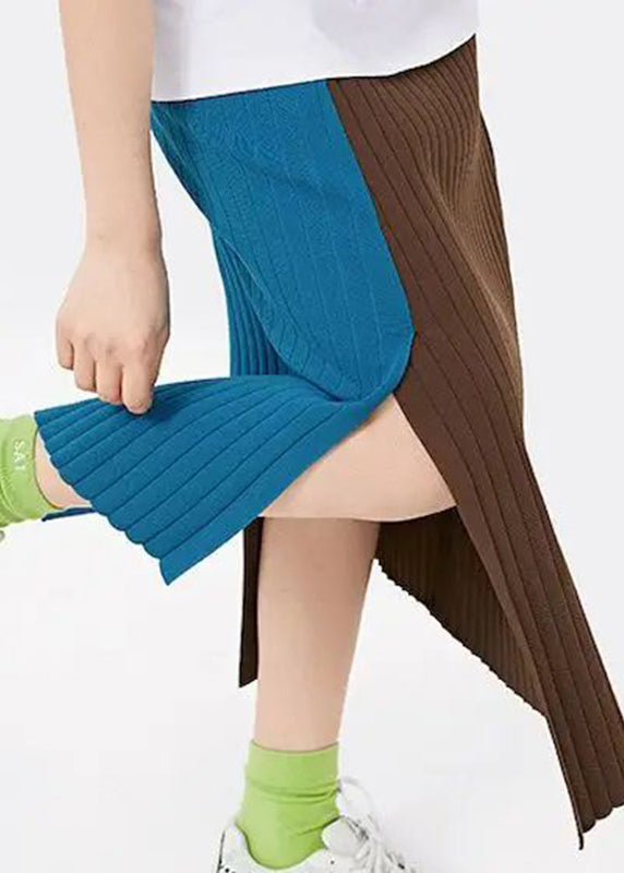 Blue Splicing Skirt Vintage Slit Design Knit A Line Skirts