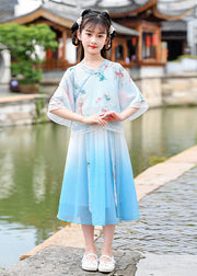 Blue Stand Collar Button Chiffon Kids Vacation Dresses Summer