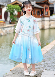 Blue Stand Collar Button Chiffon Kids Vacation Dresses Summer