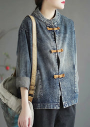 Blue Stand Collar Button Denim Coat Long Sleeve