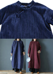 Blue Stand Collar Button Warm Fleece Thick Long Parka Winter