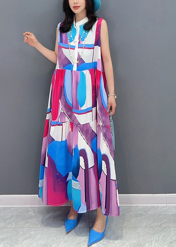 Blue Stand Collar Patchwork Long Dresses Summer