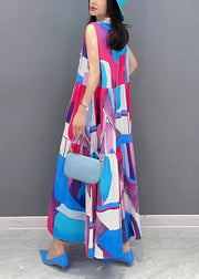 Blue Stand Collar Patchwork Long Dresses Summer