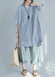 Blue Striped Cotton Shirt Dress Oversized Side Open Summer