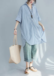 Blue Striped Cotton Shirt Dress Oversized Side Open Summer