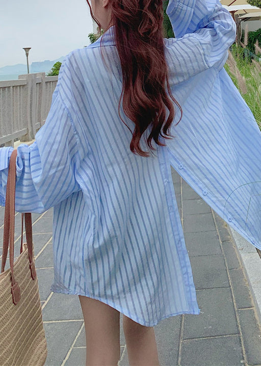 Blue Striped Cotton Shirt Tops Peter Pan Collar Fall