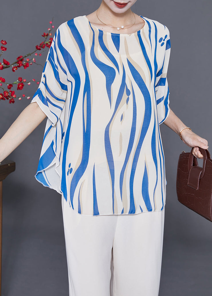 Blue Striped Silk Tank Tops Oversized Batwing Sleeve