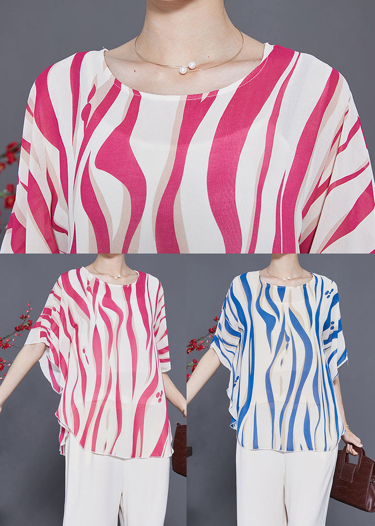 Blue Striped Silk Tank Tops Oversized Batwing Sleeve