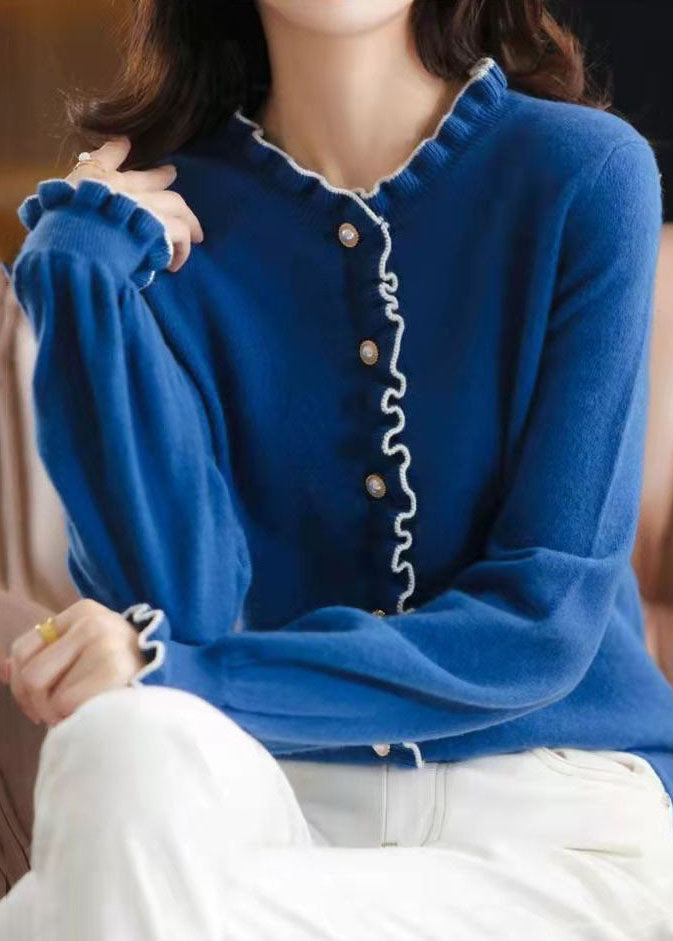 Blue Thick Knit Cardigan Pearl Button Ruffled Winter