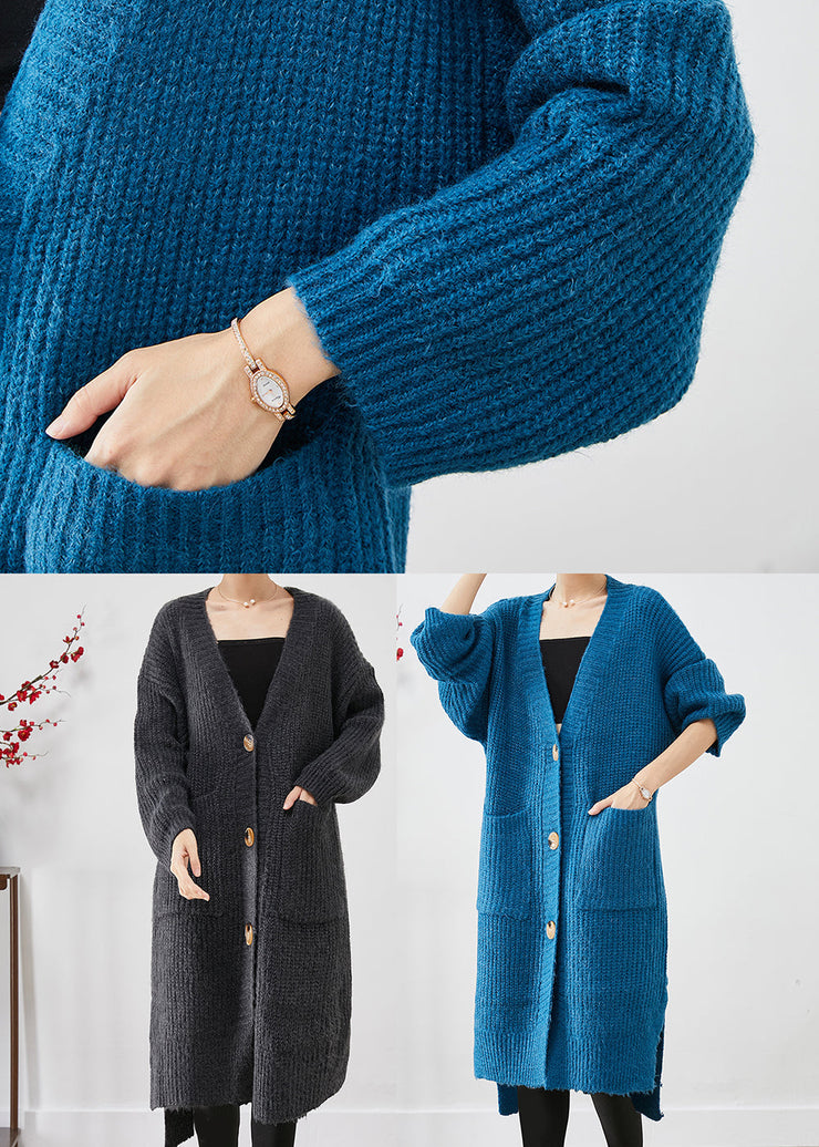 Blue Thick Knit Loose Coat Oversized Pockets Fall