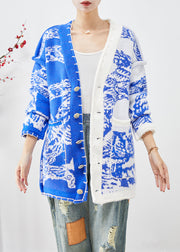 Blue Tie Dye Knit Cardigan Asymmetrical Button Down Fall