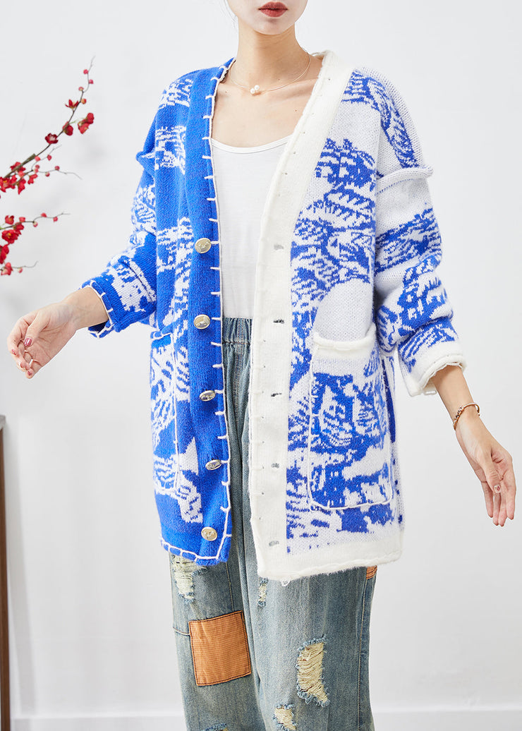 Blue Tie Dye Knit Cardigan Asymmetrical Button Down Fall