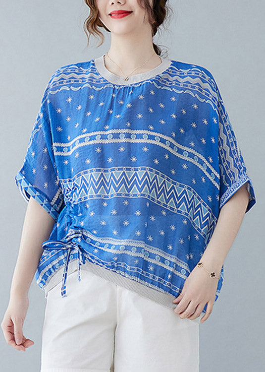 Blue Tie Waist T Shirts Short Sleeve