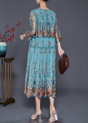 Blue Tulle Holiday Dresses Embroidered Tie Waist Bracelet Sleeve