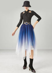 Blue Tulle Vacation Skirts Asymmetrical Gradient Color Summer