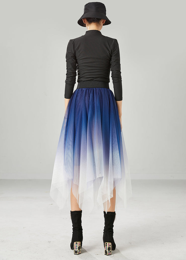 Blue Tulle Vacation Skirts Asymmetrical Gradient Color Summer