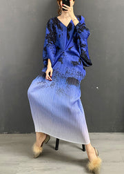 Blue V Neck Print Gradient color Silk Dress Long Sleeve