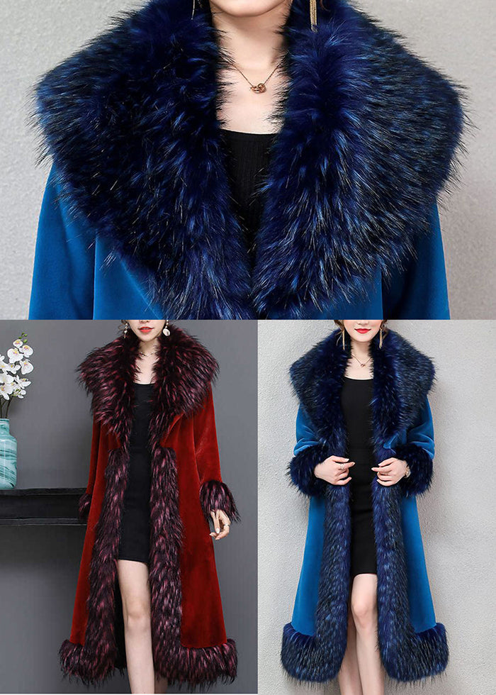 Blue Warm Faux Fur Long Coats Fur Collar Silm Fit Winter