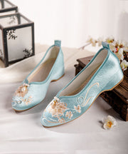 Blue Wedge Heels Satin Boho Splicing Nail Bead Embroidery