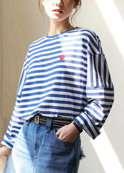 Blue White Striped Embroideried Loose Cotton Top Long Sleeve