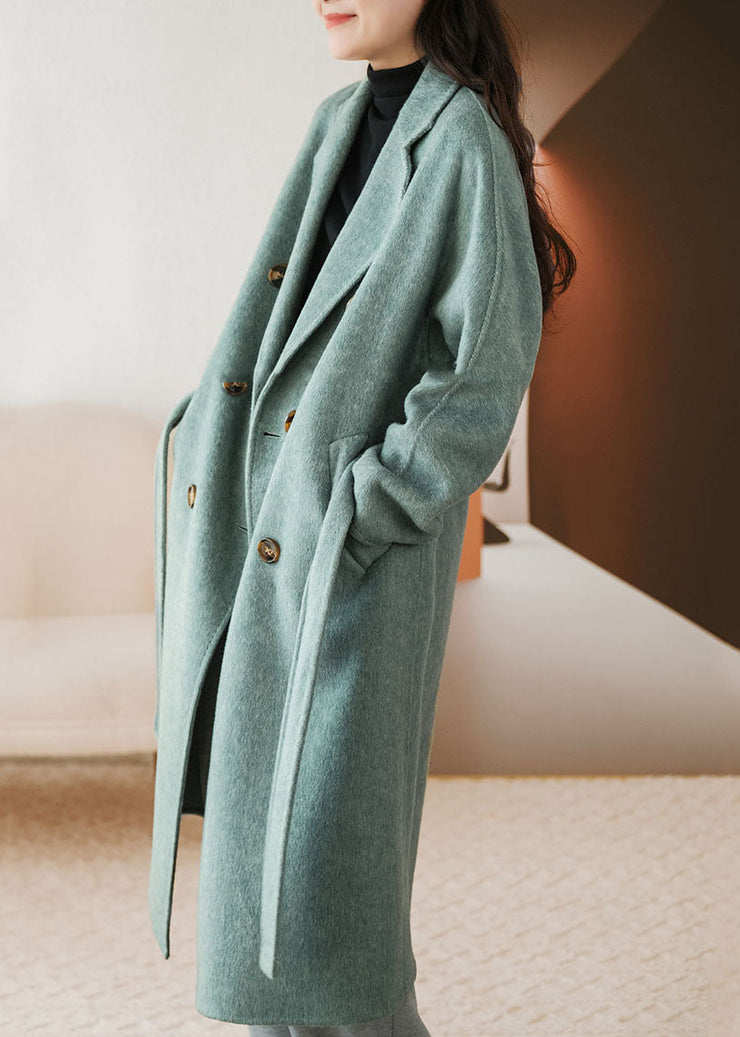 Blue Woolen Coat Sashes Double Breast Fall