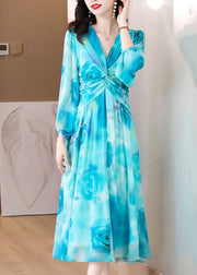 Blue Wrinkled Chiffon Long Dresses V Neck Long Sleeve