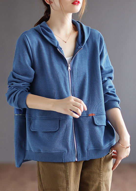 Blue Zippered Cotton Hoodie Coat Long Sleeve