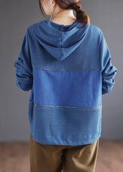 Blue Zippered Cotton Hoodie Coat Long Sleeve