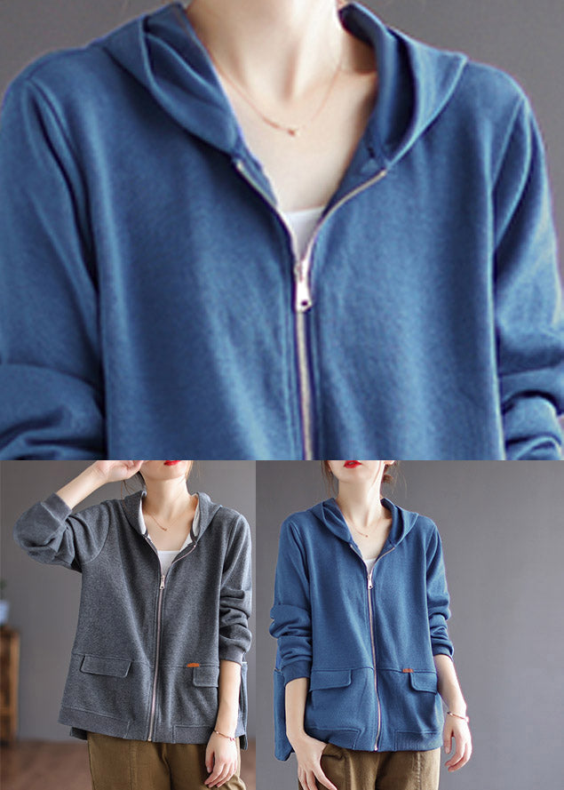 Blue Zippered Cotton Hoodie Coat Long Sleeve