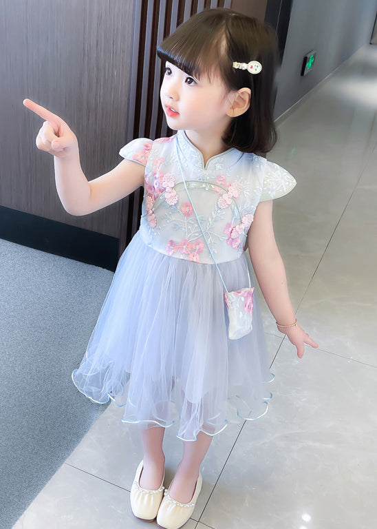 Blue Zippered Tulle Patchwork Girls Dresses Stand Collar Short Sleeve