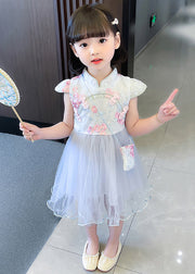 Blue Zippered Tulle Patchwork Girls Dresses Stand Collar Short Sleeve