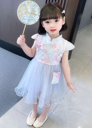 Blue Zippered Tulle Patchwork Girls Dresses Stand Collar Short Sleeve