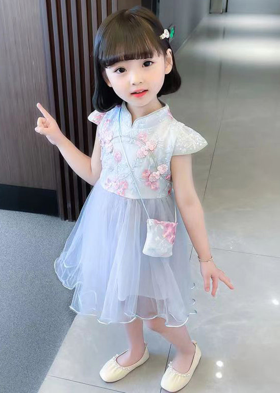 Blue Zippered Tulle Patchwork Girls Dresses Stand Collar Short Sleeve