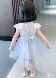 Blue Zippered Tulle Patchwork Girls Dresses Stand Collar Short Sleeve