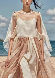 Bohemian Apricot Cold Shoulder Exra Large Hem Chiffon Beach Dresses Summer
